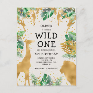 Invitation Carte Postale Safari Wild One 1er Anniversaire Vert Or Crème