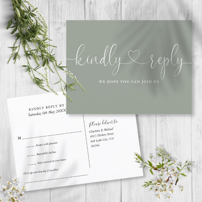 Invitation Carte Postale Sage Green Heart Script Chanson Demande RSVP (Créateur téléchargé)