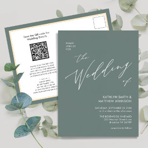 Invitation Carte Postale Sage Green QR Code Tout en un Mariage moderne