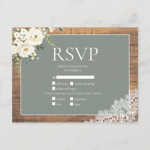 Invitation Carte Postale Sage Vert Blanc Floral Dentelle Bois Mariage RSVP