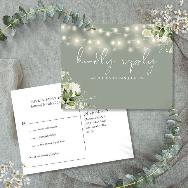 Invitation Carte Postale Sage Vert Floral Lumières Chanson Demande RSVP (Sage Green Floral String Lights Song Request RSVP Invitation Postcard)