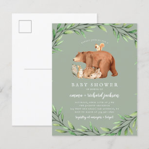 Invitation Carte Postale Sage Woodland Green Forest Animaux Baby shower
