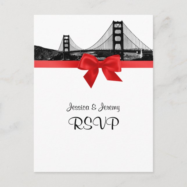 Invitation Carte Postale San Fran Skyline Etched BW Red RSVP 1 (Devant)