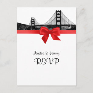 Invitation Carte Postale San Fran Skyline Gravé BW Rouge RSVP 1