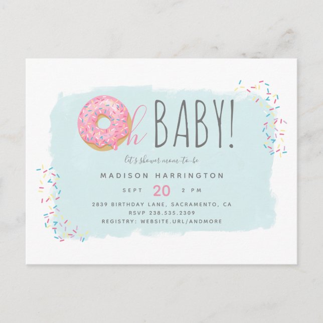 Invitation Carte Postale Saupoudrer de beigne rose douce Baby shower Oh mod (Devant)