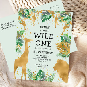 Invitation Carte Postale Sauvage Unique Safari Jungle 1er Anniversaire Vert