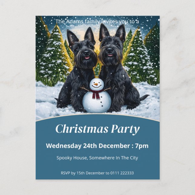 Invitation Carte Postale Scottish Terriers et Snowman Christmas Party (Devant)
