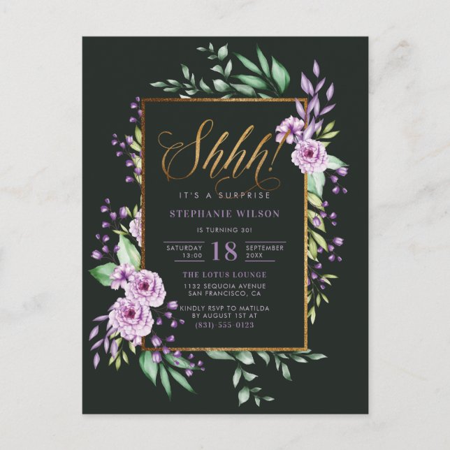 Invitation Carte Postale Script Chic Purple Floral Surprise fête d'annivers (Devant)