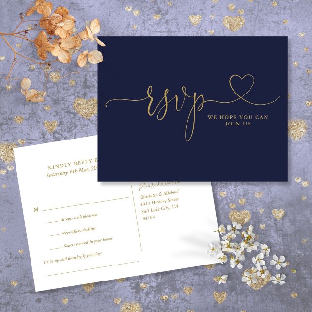 Invitation Carte Postale Script Coeur Marine Bleu Et Or Demande De Chanson (Heart Script Navy Blue And Gold Song Request Invitation Postcard)