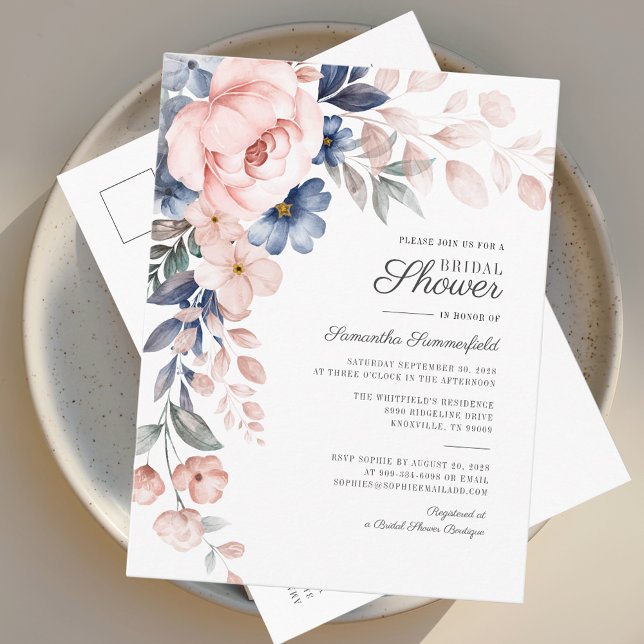 Invitation Carte Postale Script Floral Moderne Fête des mariées rose (Floral Watercolor Pink Flowers Bridal Shower Invitation Postcard)