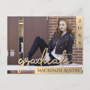 Invitation Carte Postale Script Gold Elegant Graduation Photo