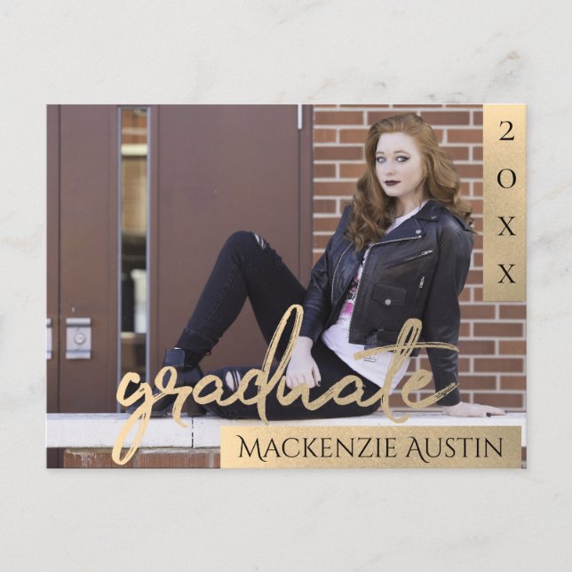 Invitation Carte Postale Script Gold | Elegant Graduation Photo (Devant)