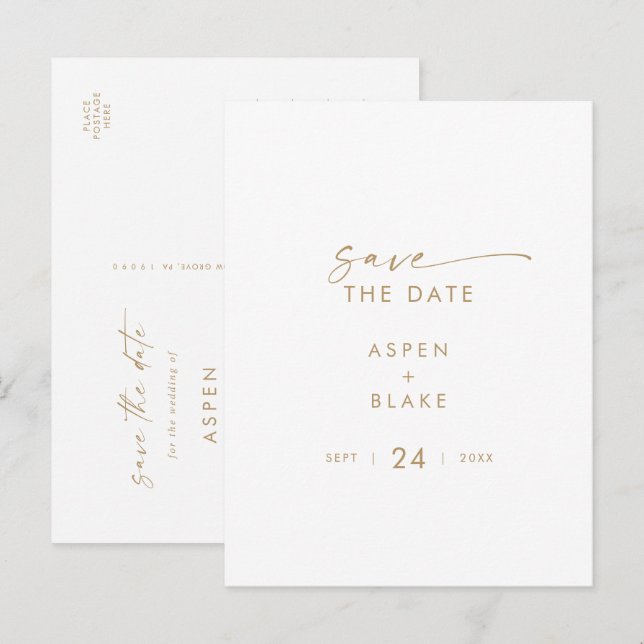 Invitation Carte Postale Script Gold moderne Enregistrer la date (Devant / Derrière)