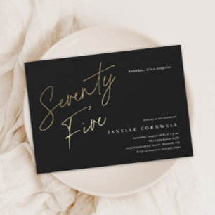 Invitation Carte Postale Script minimaliste noir et or 75e anniversaire