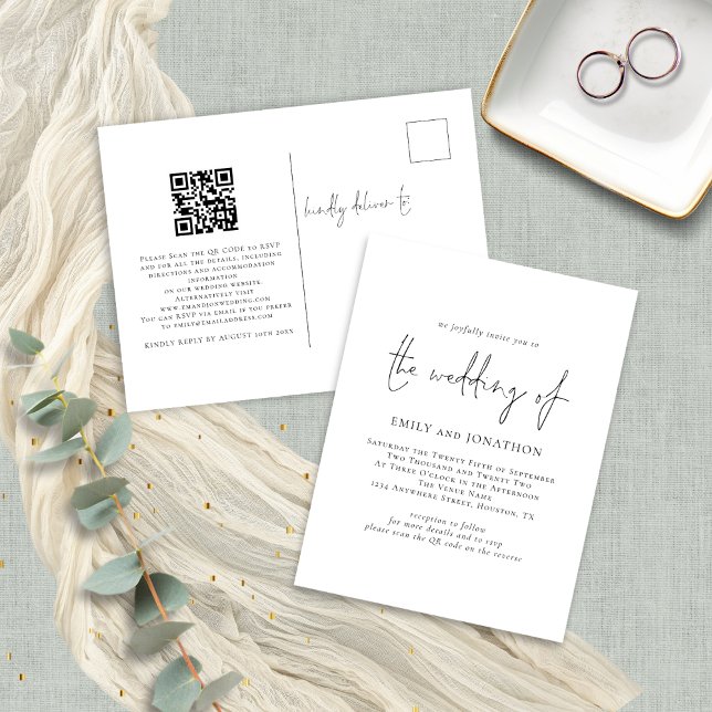 Invitation Carte Postale Script moderne QR Code noir et blanc Mariage (Front and back view)