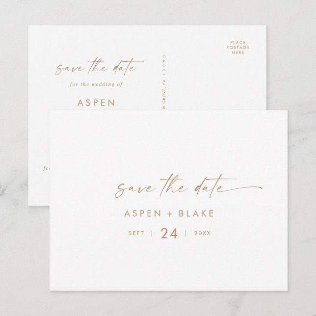 Invitation Carte Postale Script or moderne Horizontal Enregistrer la date (Devant / Derrière)