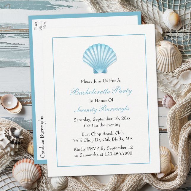 Invitation Carte Postale Seashell Blue Nautical Beach Bachelorte (Créateur téléchargé)