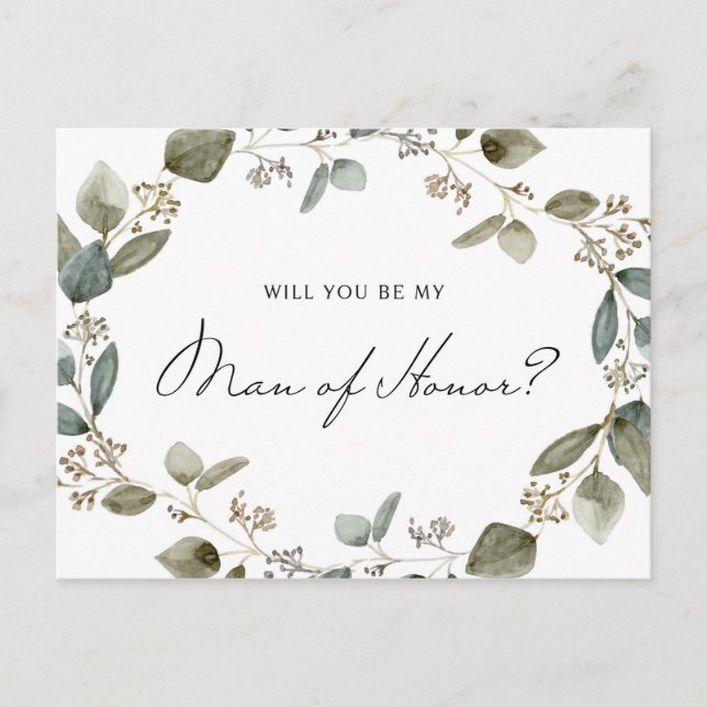 Invitation Carte Postale Semis Eucalyptus Wreath Be My Man of Honor Card (Devant)