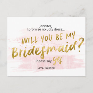 Invitation Carte Postale Seras-tu ma demoiselle d'honneur Blush & Gold Aqua