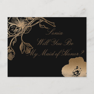 Invitation Carte Postale Serez-Vous Ma Femme D'Honneur Métallic Golden Flor