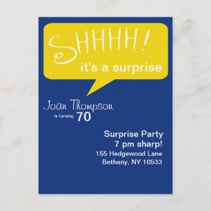 Invitation Carte Postale Shh Surprise Party - Bleu & Or