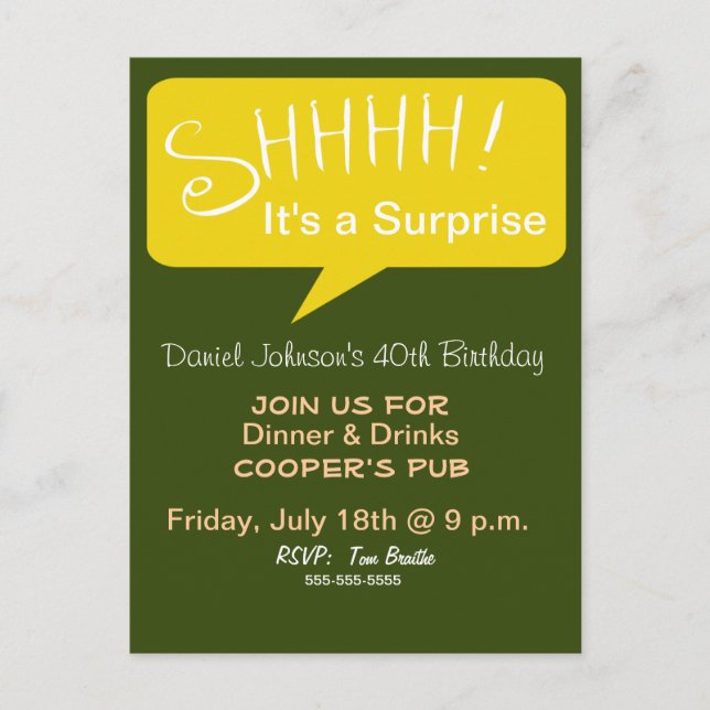 Invitation Carte Postale Shh Surprise Party - Vert & Or (Devant)