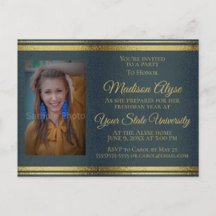 Invitation Carte Postale Shiny Navy Blue Gold Photo College Trunk Party