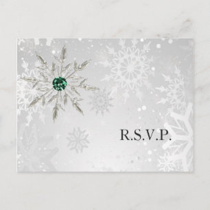 Invitation Carte Postale Silver Emerald Snowflakes Winter Wedding rsvp
