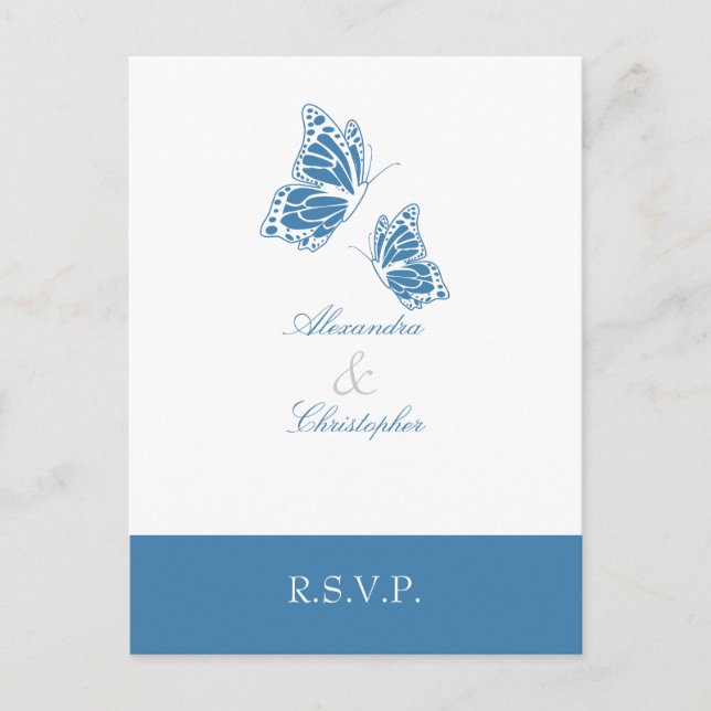 Invitation Carte Postale Simple Amparo Bleu Papillon RSVP 2 (Devant)