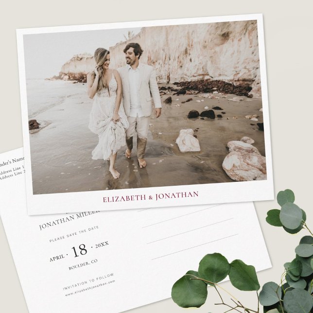 Invitation Carte Postale Simple Burgundy Typographie Photo Enregistrer la d (Créateur téléchargé)