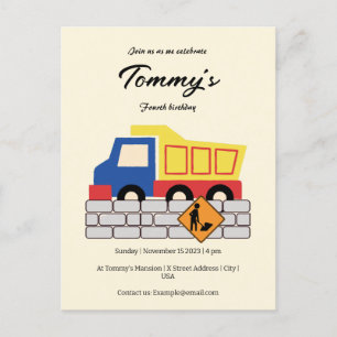 Invitation Carte Postale Simple Cute Truck Construction Age Anniversaire
