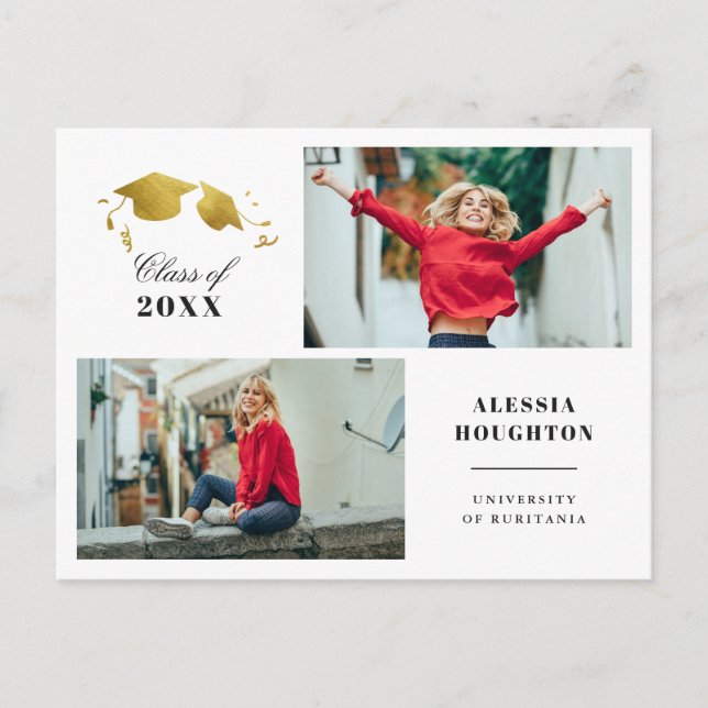 Invitation Carte Postale Simple Gold Graduation Caps Photo Graduation Party (Devant)