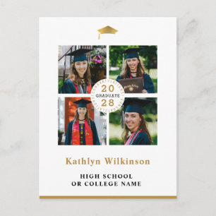Invitation Carte Postale Simple Gold Modern 4 Photo Collage Graduation