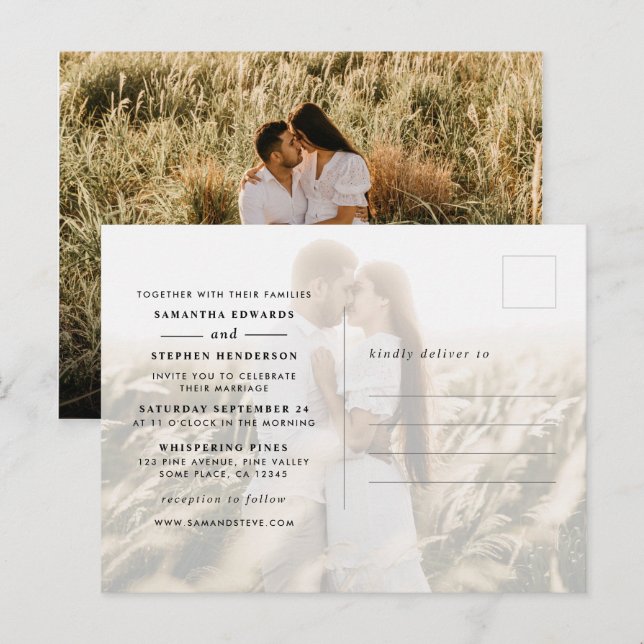 Invitation Carte Postale Simple Moderne 2-Photos Mariage (Devant / Derrière)