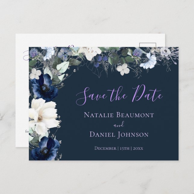 Invitation Carte Postale Simple Navy Blue Floral Enregistrer la date (Devant / Derrière)
