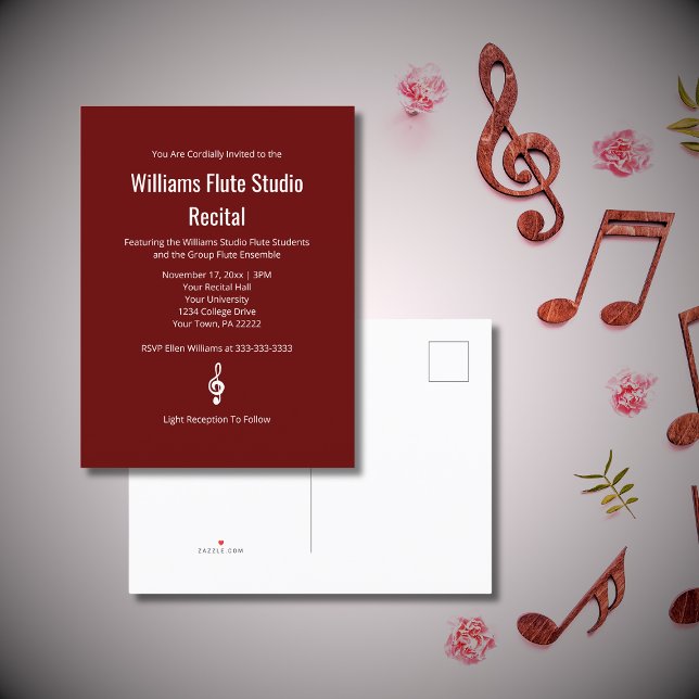 Invitation Carte Postale Simple Red Treble Clef Music Studio Considérant (Créateur téléchargé)