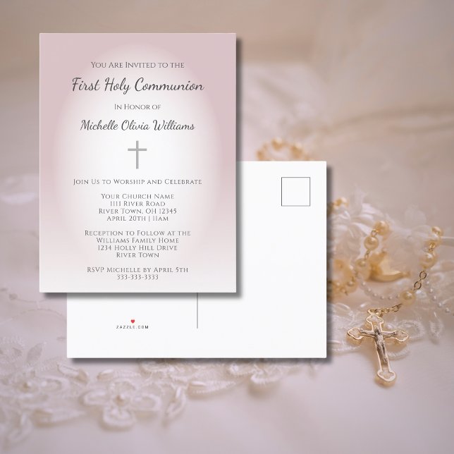 Invitation Carte Postale Simple Rose Gold Première Communion Élégant (Créateur téléchargé)