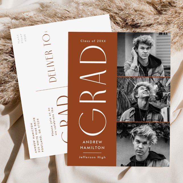 Invitation Carte Postale Simplicité moderne rouille 3 Photo Graduation Part (Créateur téléchargé)