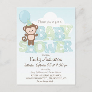 Invitation Carte Postale Singe mignon ; Baby shower bleu et vert
