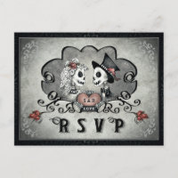 Skeletons d'Halloween gris noir et coeur rouge RSV