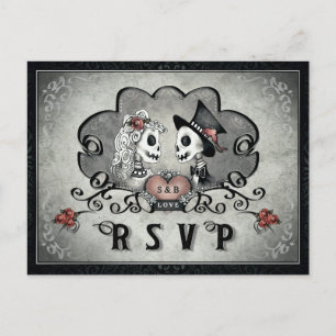Invitation Carte Postale Skeletons d'Halloween gris noir et coeur rouge RSV