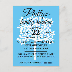Invitation Carte Postale Sky Blue Family Reunion White Tree Silhouette
