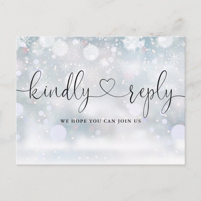 Invitation Carte Postale Snowflakes Winter Heart Script Song Request RSVP (Devant)
