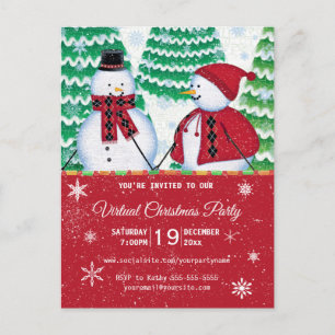 Invitation Carte Postale Snowman Couple Flèche-neige fête de Noël rouge