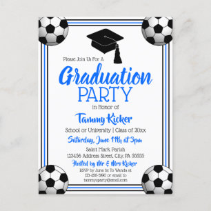 Invitation Carte Postale Soccer Blue & Black Graduation Party