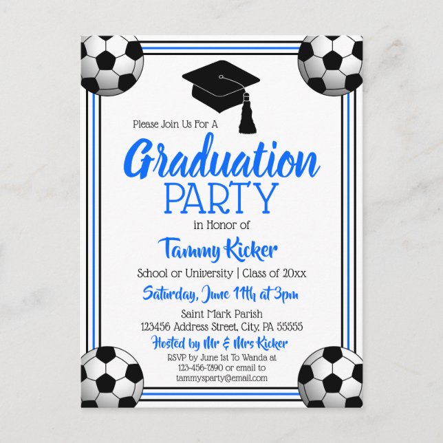 Invitation Carte Postale Soccer Blue & Black Graduation Party (Devant)