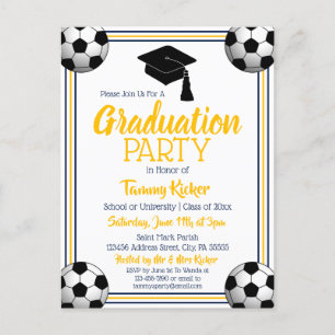 Invitation Carte Postale Soccer Marine & Gold Graduation Party