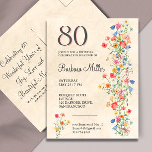 Invitation Carte Postale Soft Elegant 80e fête d'anniversaire Floral 80 ans