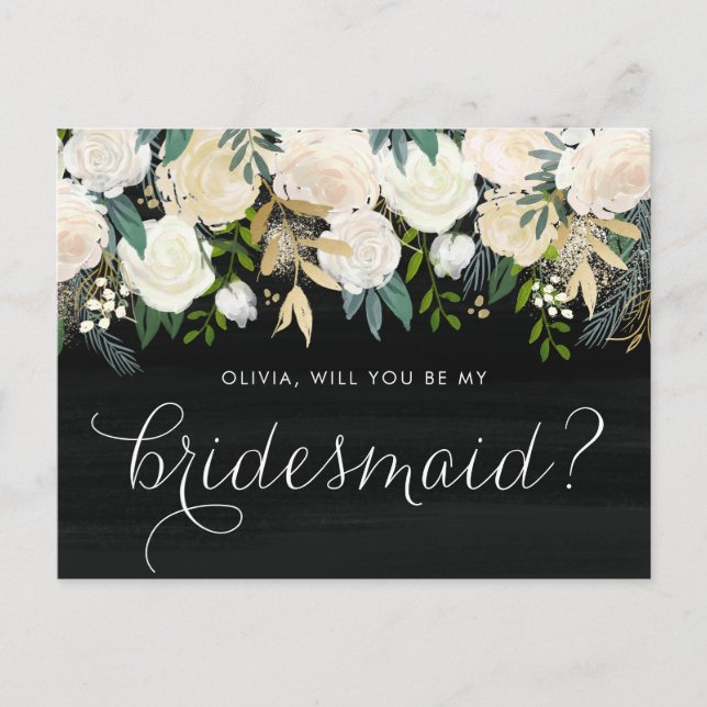 Invitation Carte Postale Soft Ivory Floral Garland Rustic Be My Bridesmaid (Devant)