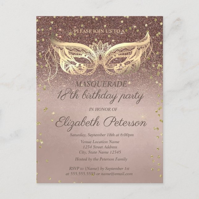 Invitation Carte Postale Soirée d'anniversaire Mascarade Diamants Paillette (Devant)